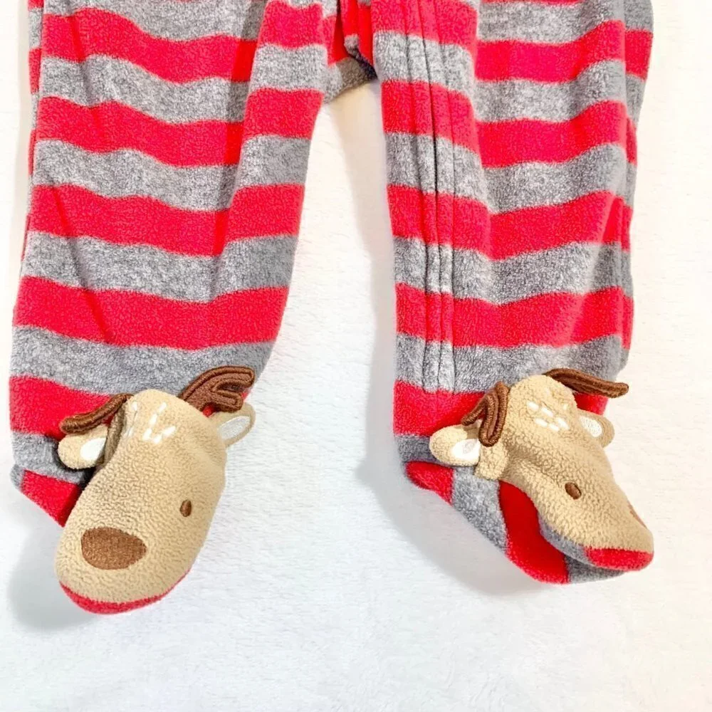 5/$25 Carter's Baby Reindeer Fleece Footed Pajamas‎ Sleeper Red Grey Stripe 6M